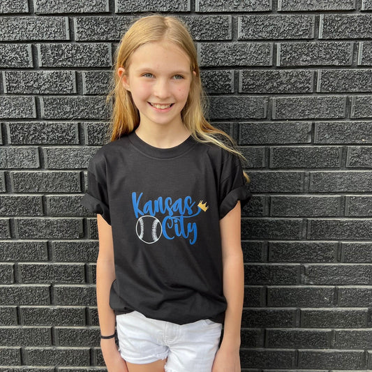 Kansas City Baseball Toddler Youth | Black Sweatshirt Long & Short Sleeve T-Shirt | Perfect for Game Day! | Soft! | Made here in KC ! Royal