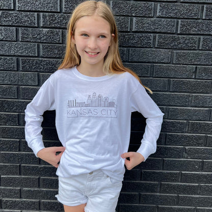 Kansas City Modern Skyline | MADE IN KC | Toddler Infant Kids White Sweatshirt Long & Short Sleeve T-Shirt | Perfect for Game Day! | Soft!