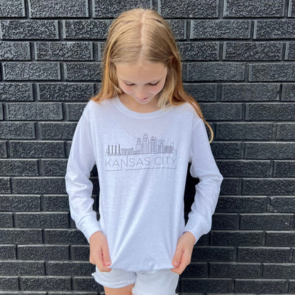 Kansas City Modern Skyline | MADE IN KC | Toddler Infant Kids White Sweatshirt Long & Short Sleeve T-Shirt | Perfect for Game Day! | Soft!