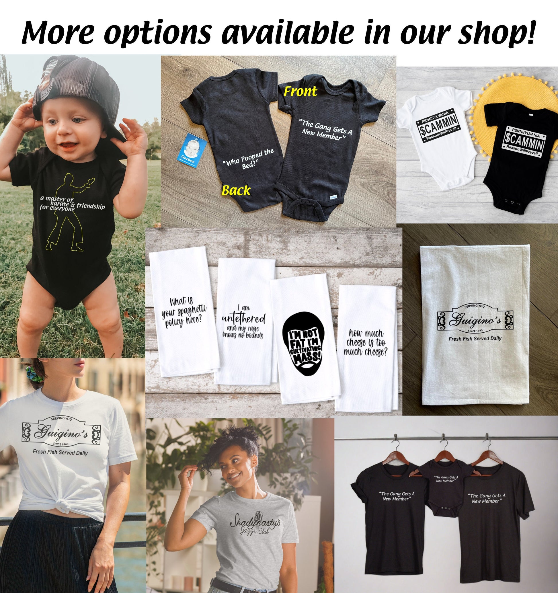 a collage of photos of baby clothes and t - shirts