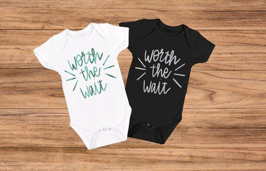 Pick Design Color! | Worth The Wait | Unisex Gerber ONESIE® Brand 0-3, 6-9 & 3-6 months | Cute baby shower gift / bodysuit |