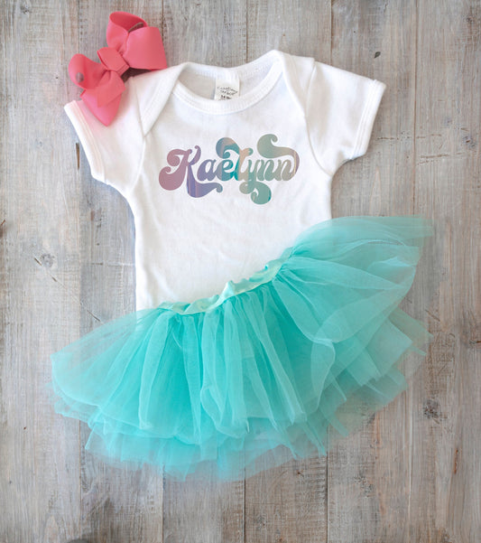 Retro | Custom / Personalized | Toddler / Baby / Infant Name T-Shirt Gerber ONESIE® brand | Holographic, Vintage Font